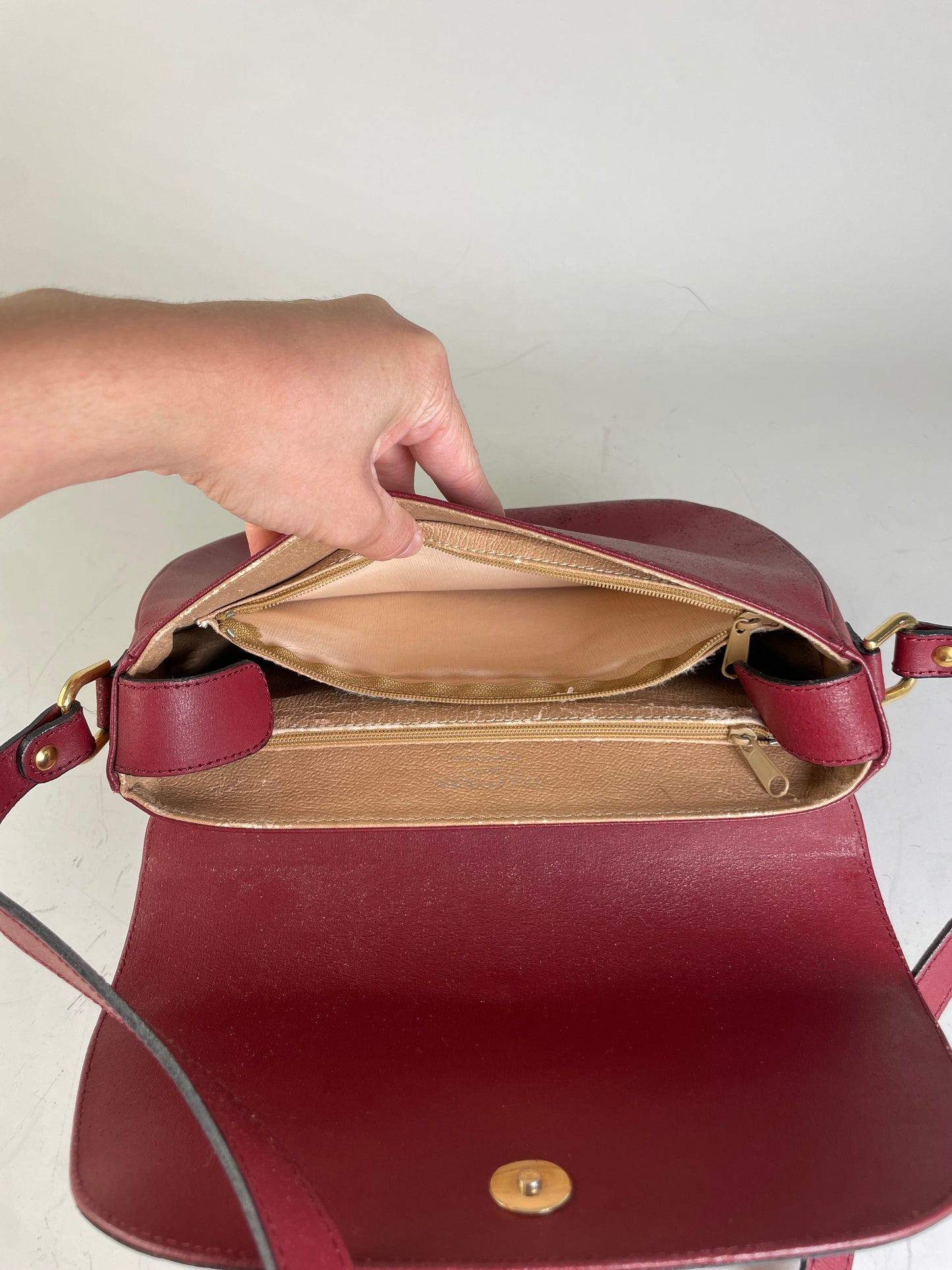 Vintage Courreges Leather Shoulder Bag Burgundy Gold-tone