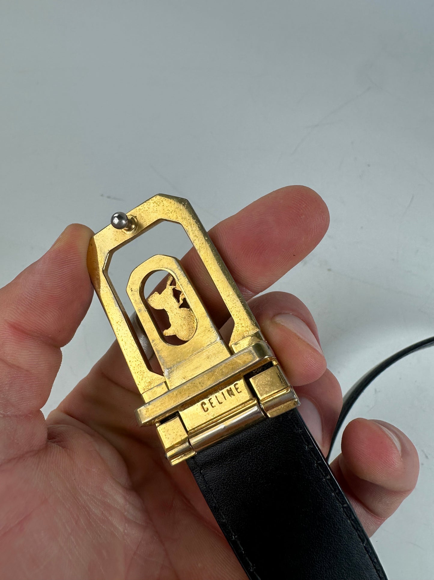 Vintage Celine Leather Belt Black Gold Buckle
