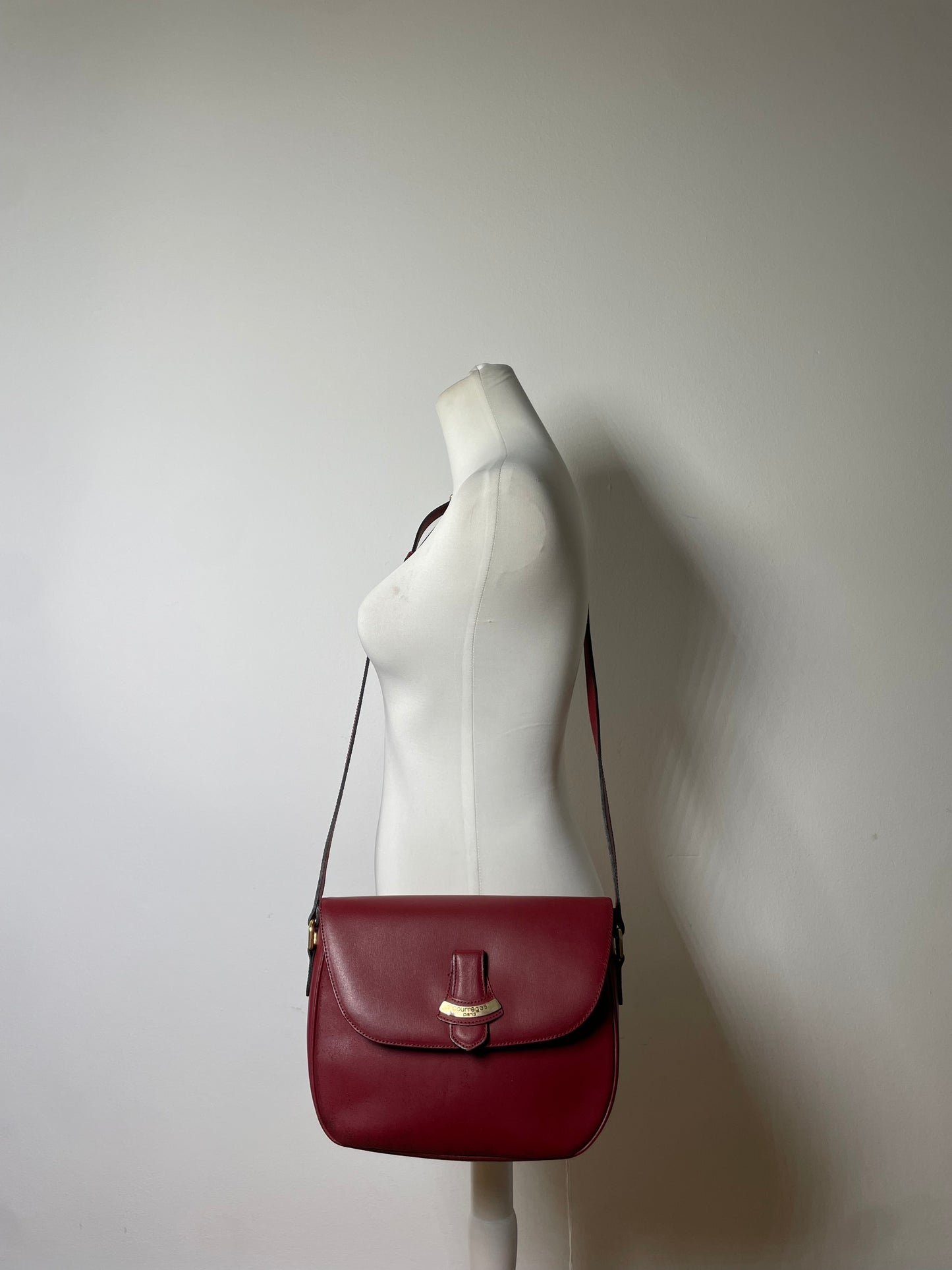 Vintage Courreges Leather Shoulder Bag Burgundy Gold-tone