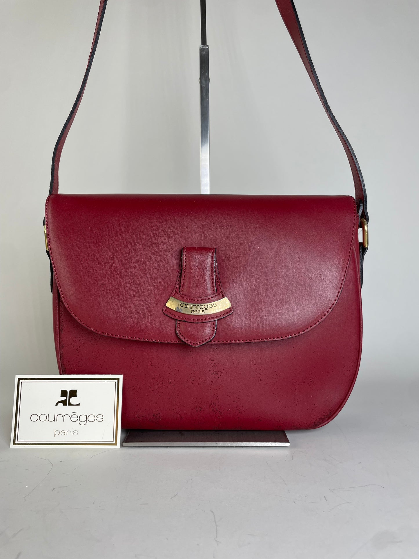 Vintage Courreges Leather Shoulder Bag Burgundy Gold-tone