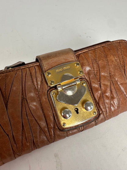 Vintage Miu Miu Matelasse Leather Long Wallet Cognac Brown