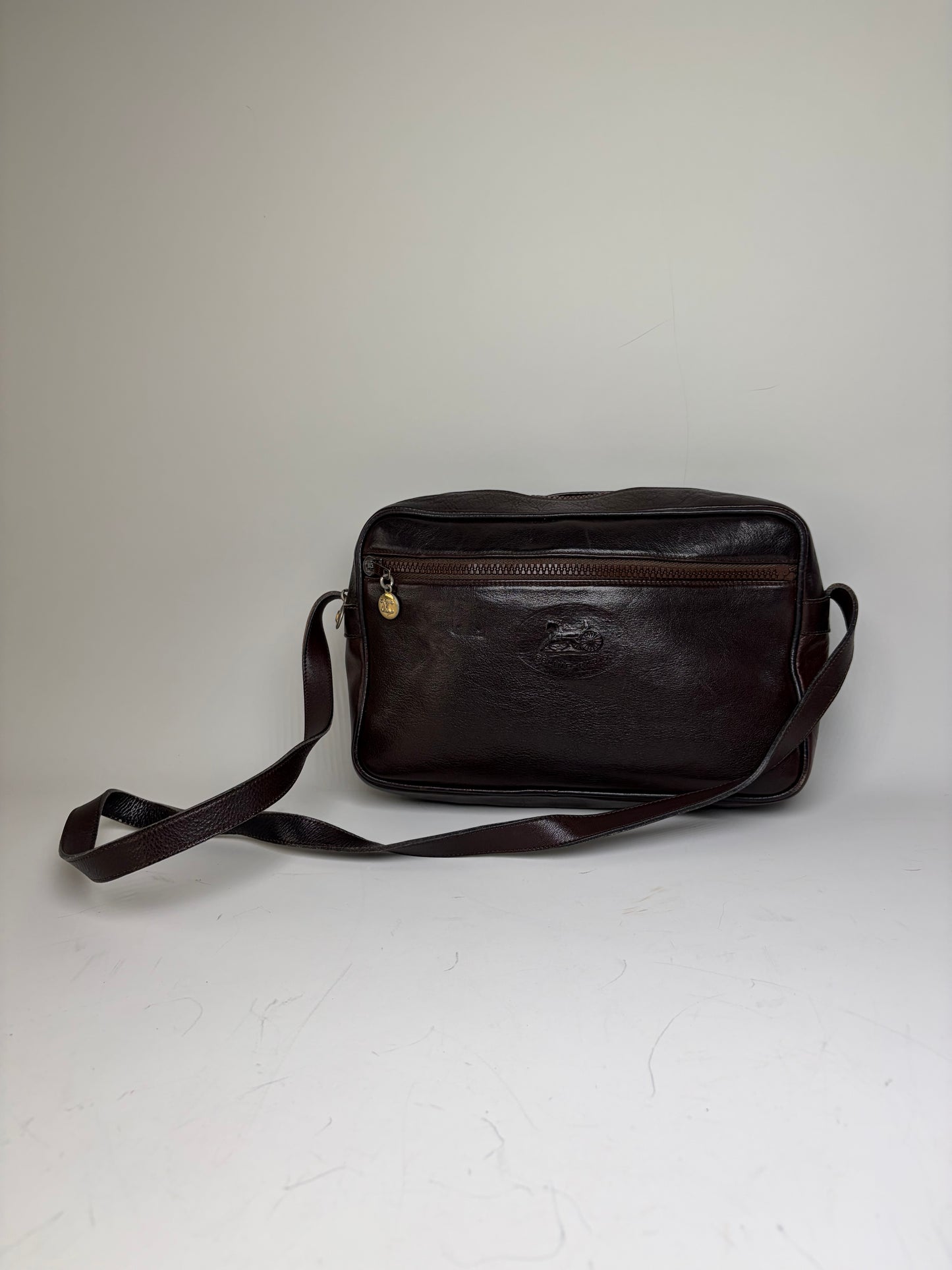 Vintage Celine Leather Crossbody Bag Dark Brown Gold