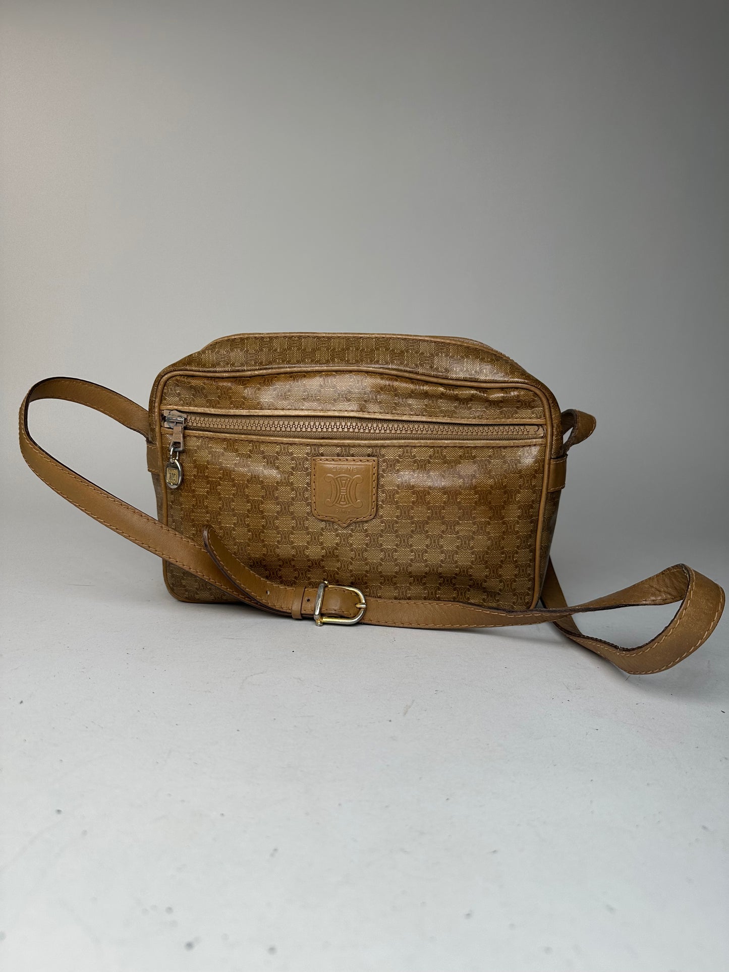 Vintage Celine Paris Triomphe Monogram Leathee Shoulder Bag Gold Brown