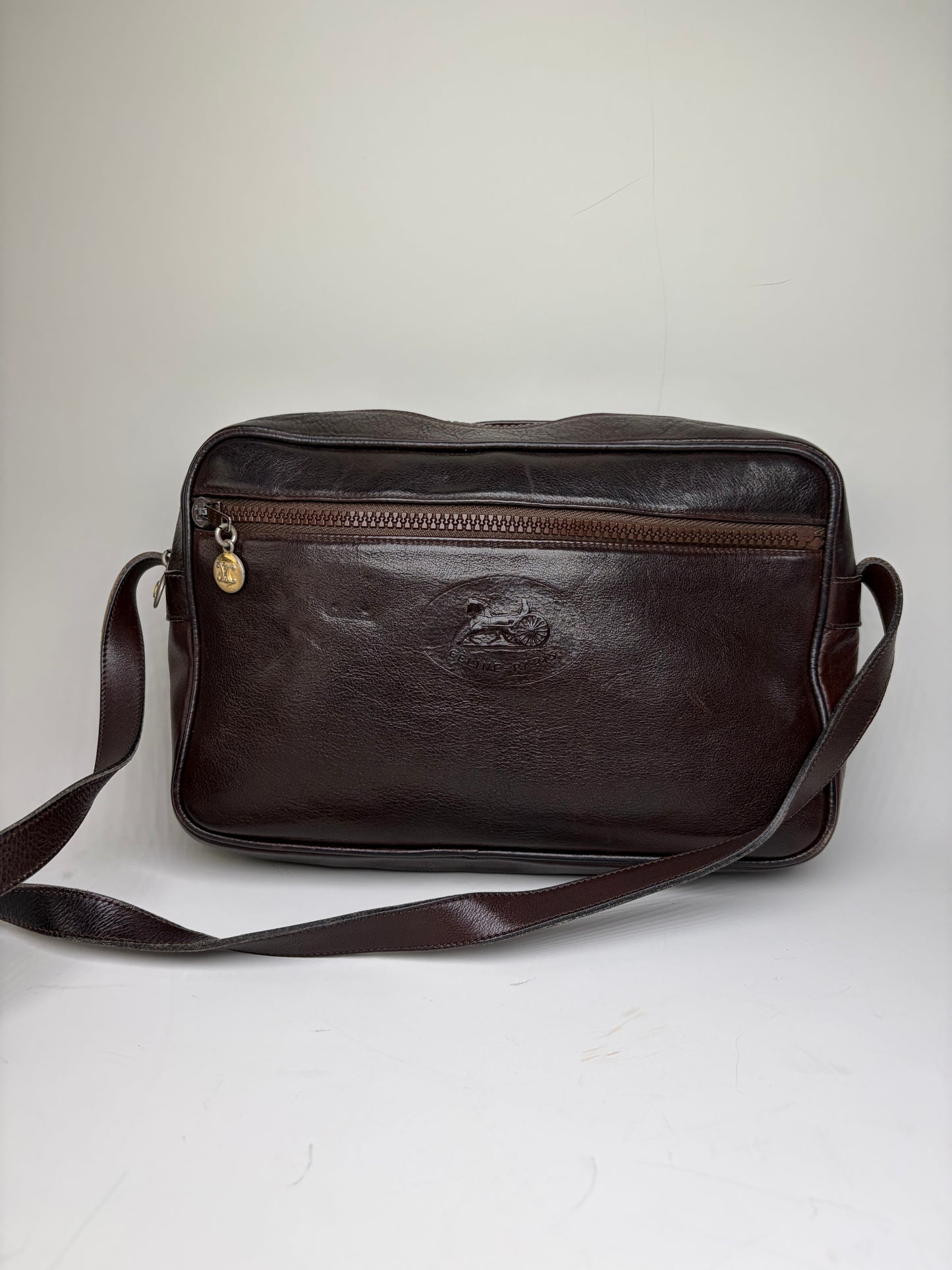 Vintage Celine Leather Crossbody Bag Dark Brown Gold
