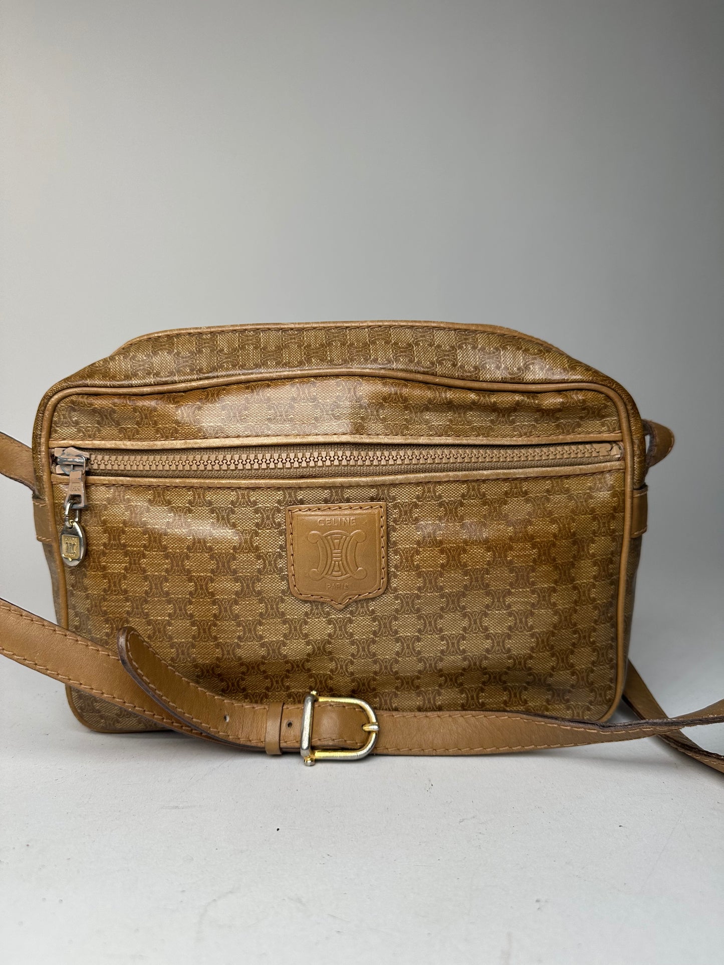 Vintage Celine Paris Triomphe Monogram Leathee Shoulder Bag Gold Brown