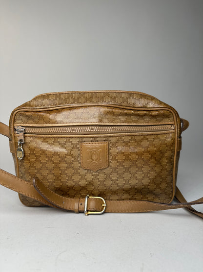 Vintage Celine Paris Triomphe Monogram Leathee Shoulder Bag Gold Brown