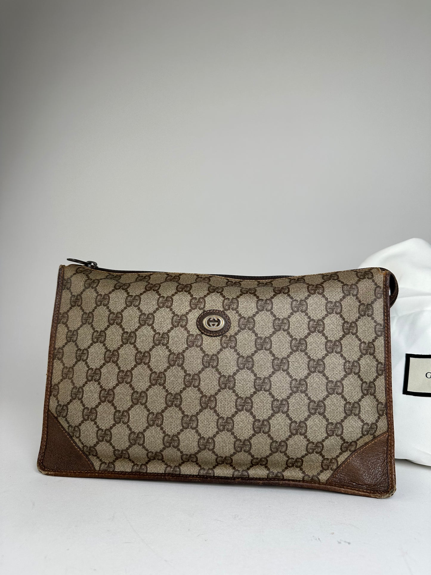 Vintage Gucci GG Supreme Monogram Coated Canvas Zip Pouch Beige Ebony