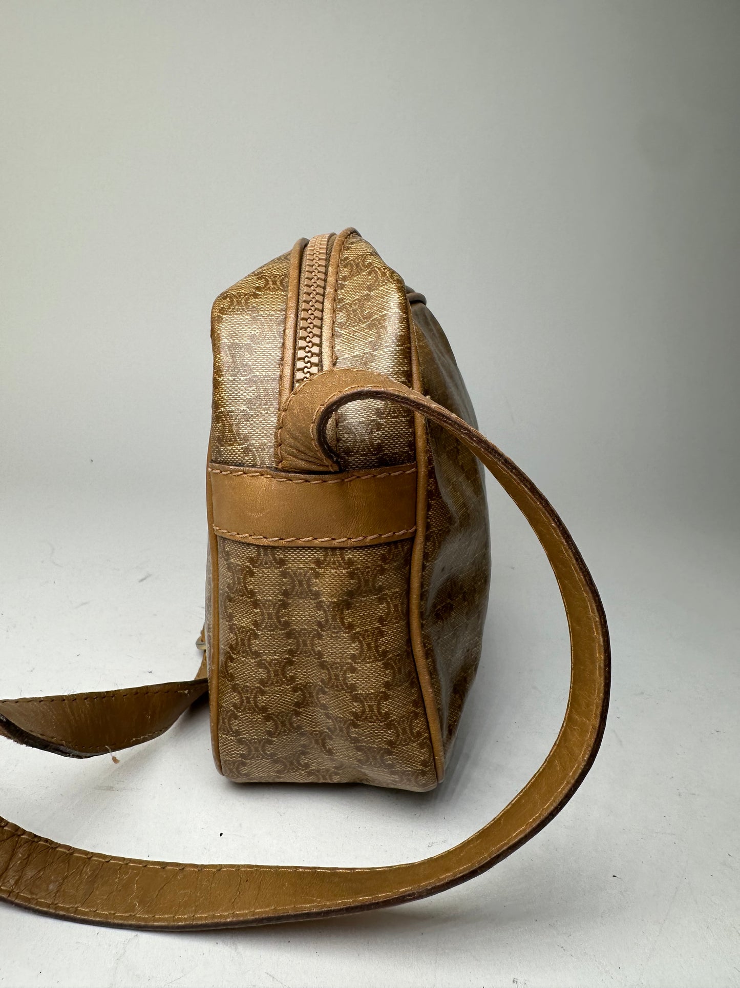 Vintage Celine Paris Triomphe Monogram Leathee Shoulder Bag Gold Brown
