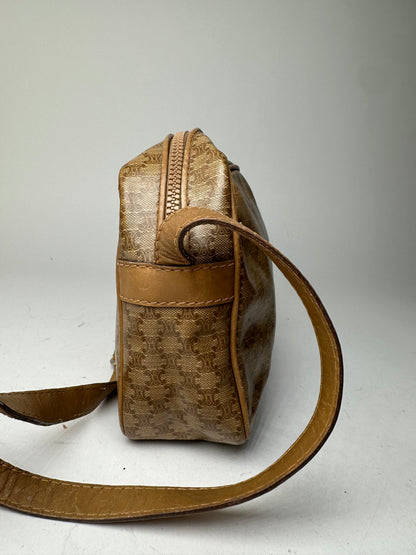 Vintage Celine Paris Triomphe Monogram Leathee Shoulder Bag Gold Brown