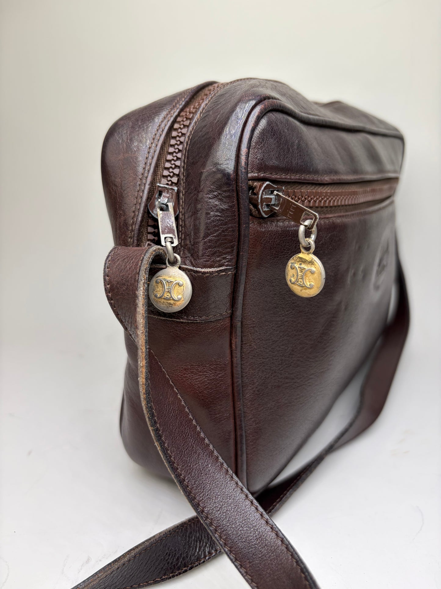 Vintage Celine Leather Crossbody Bag Dark Brown Gold