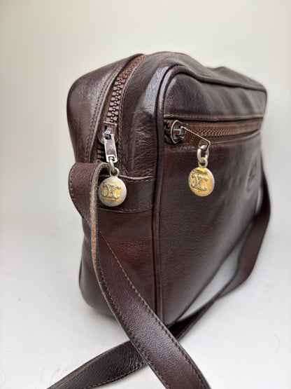 Vintage Celine Leather Crossbody Bag Dark Brown Gold