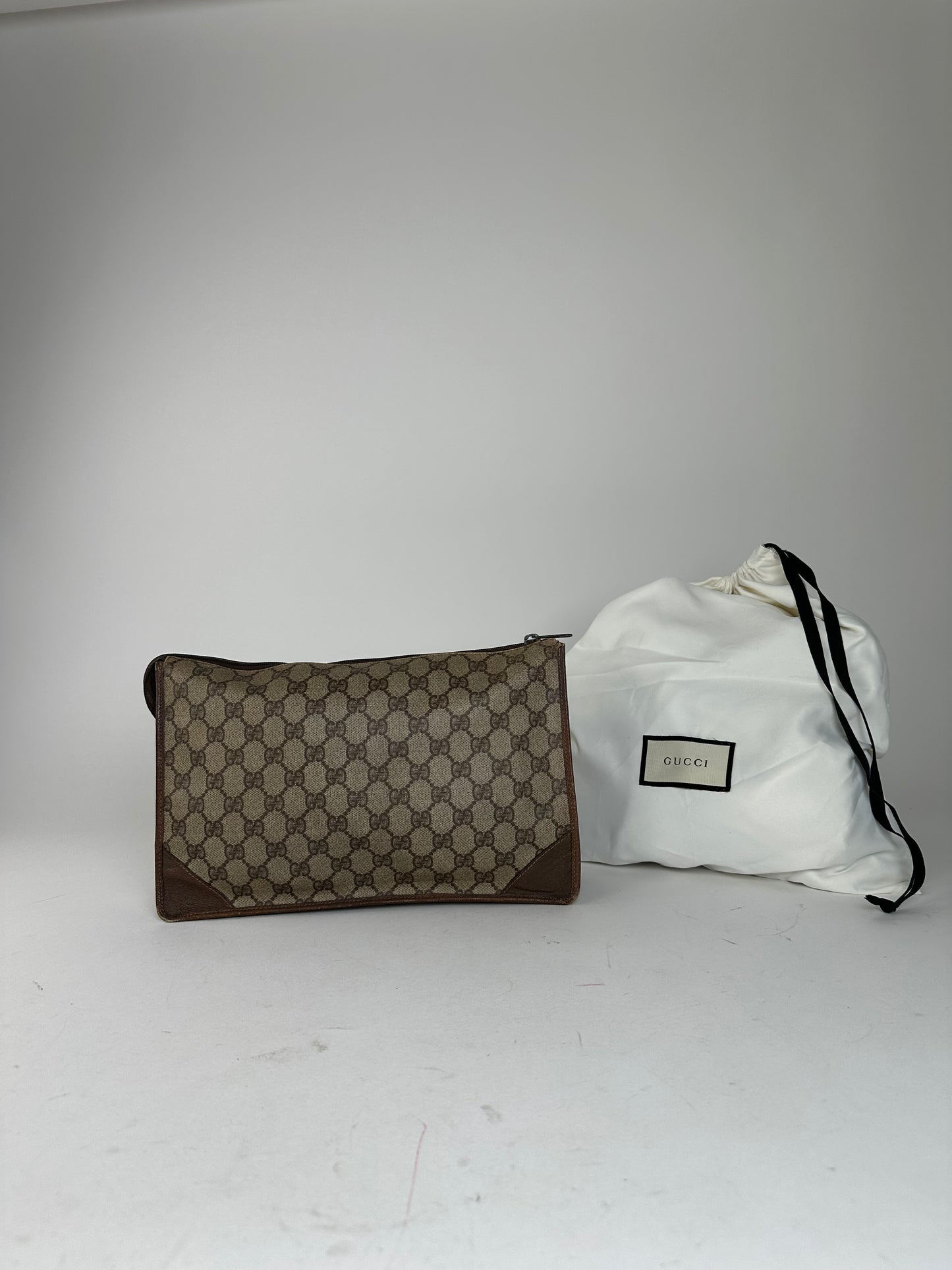 Vintage Gucci GG Supreme Monogram Coated Canvas Zip Pouch Beige Ebony
