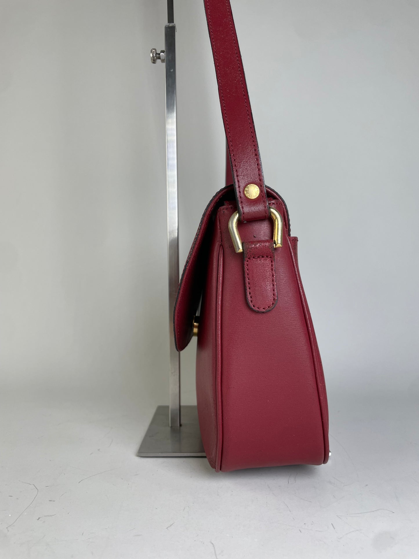 Vintage Courreges Leather Shoulder Bag Burgundy Gold-tone