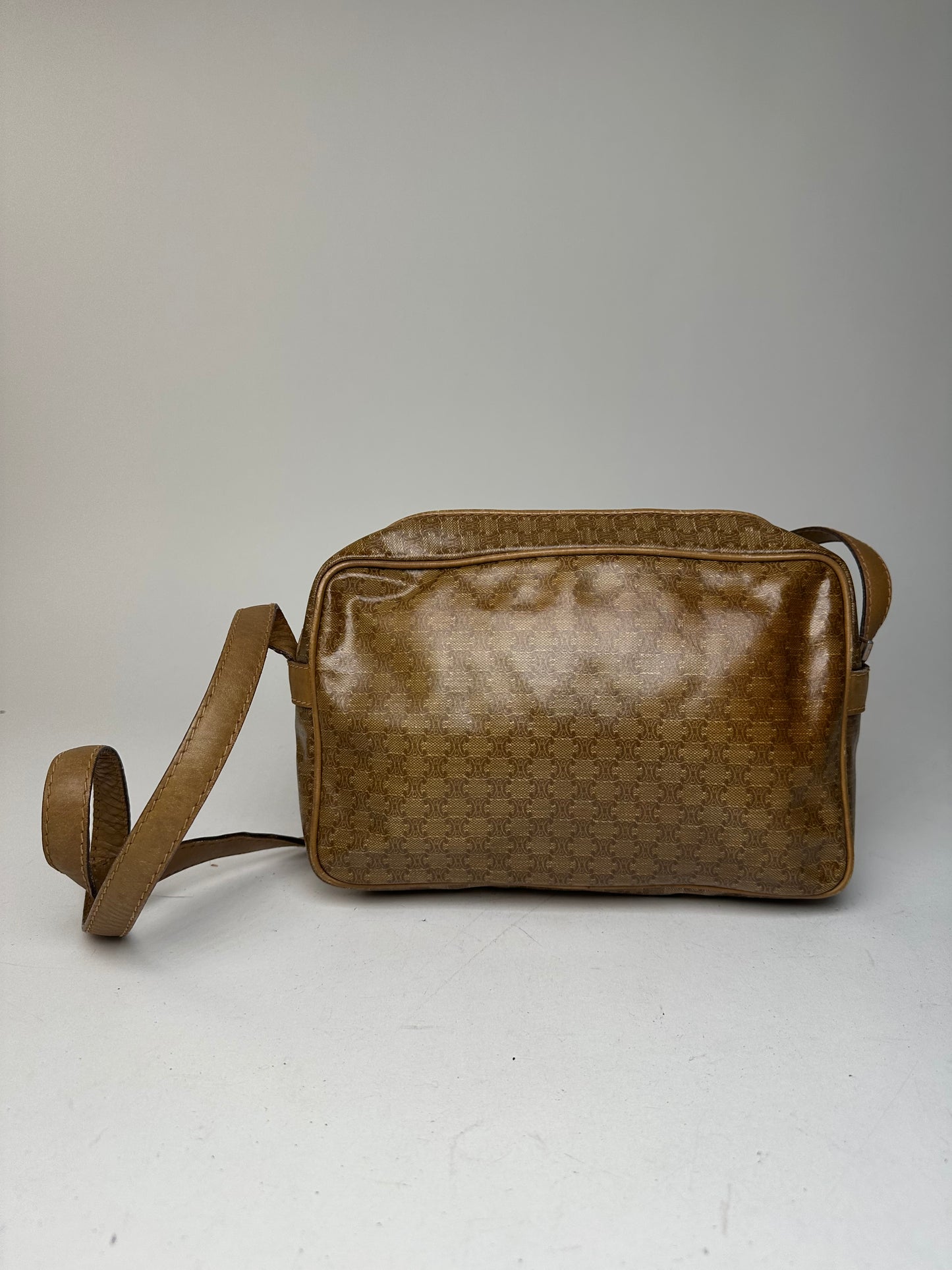 Vintage Celine Paris Triomphe Monogram Leathee Shoulder Bag Gold Brown