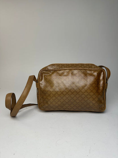 Vintage Celine Paris Triomphe Monogram Leathee Shoulder Bag Gold Brown