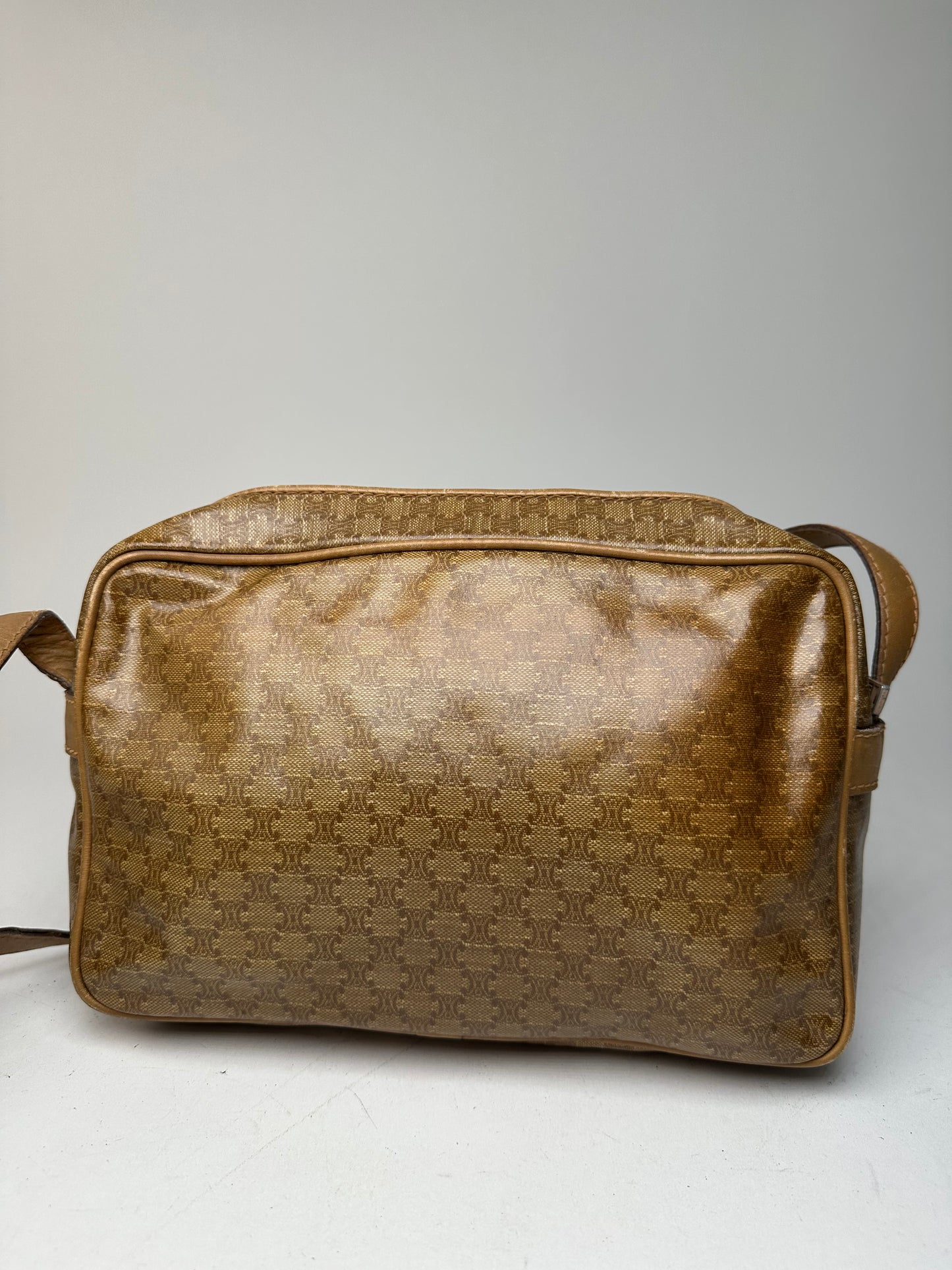Vintage Celine Paris Triomphe Monogram Leathee Shoulder Bag Gold Brown