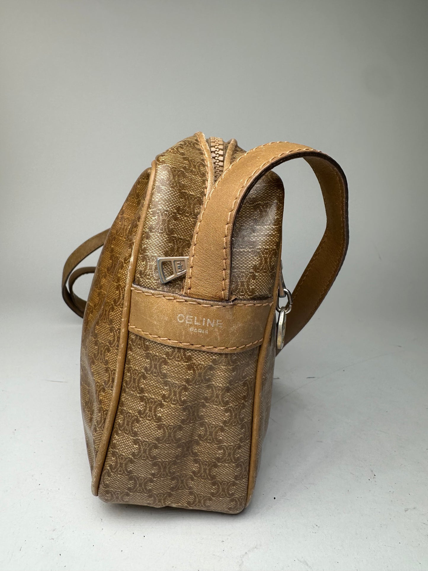 Vintage Celine Paris Triomphe Monogram Leathee Shoulder Bag Gold Brown