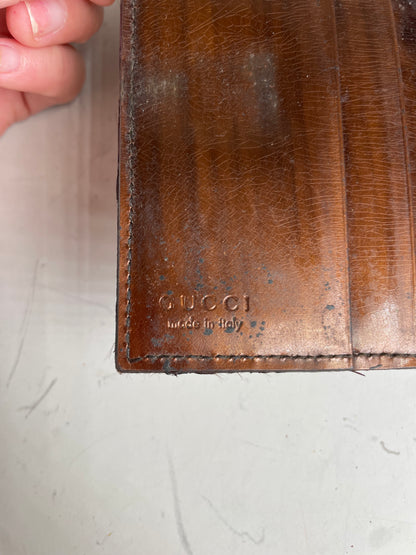 Vintage Gucci Leather Wallet Brown Gold Clasp