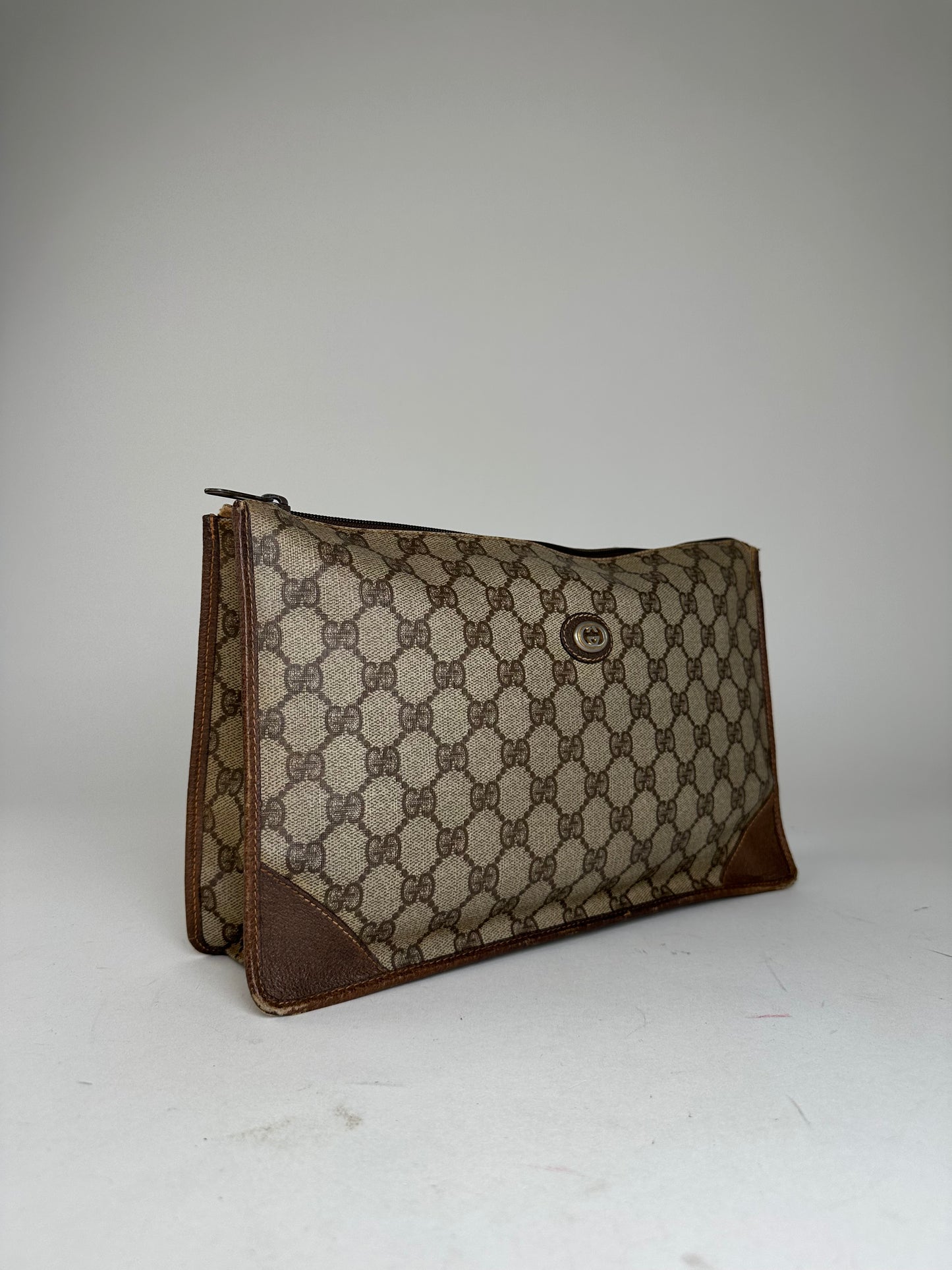 Vintage Gucci GG Supreme Monogram Coated Canvas Zip Pouch Beige Ebony