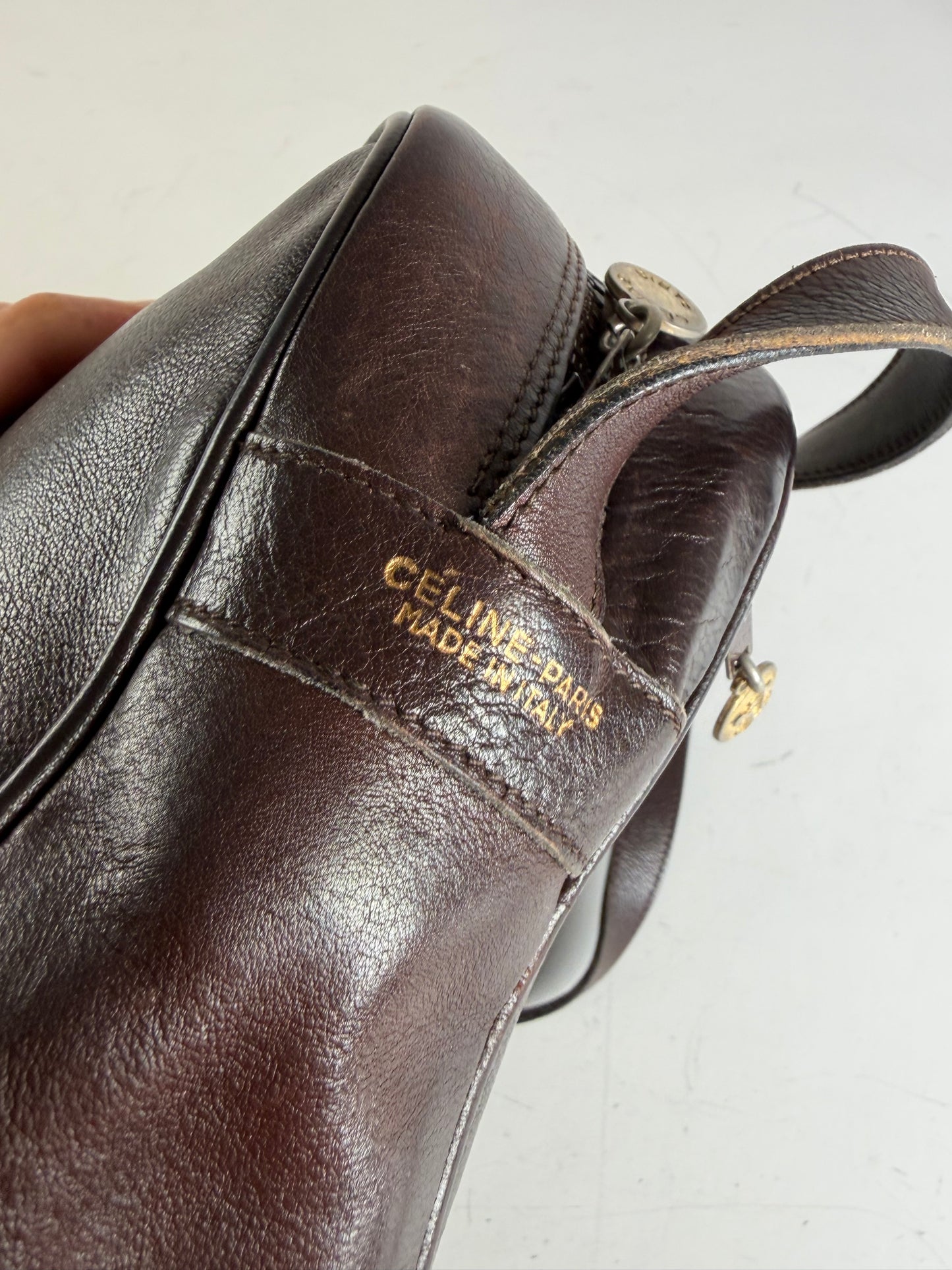 Vintage Celine Leather Crossbody Bag Dark Brown Gold