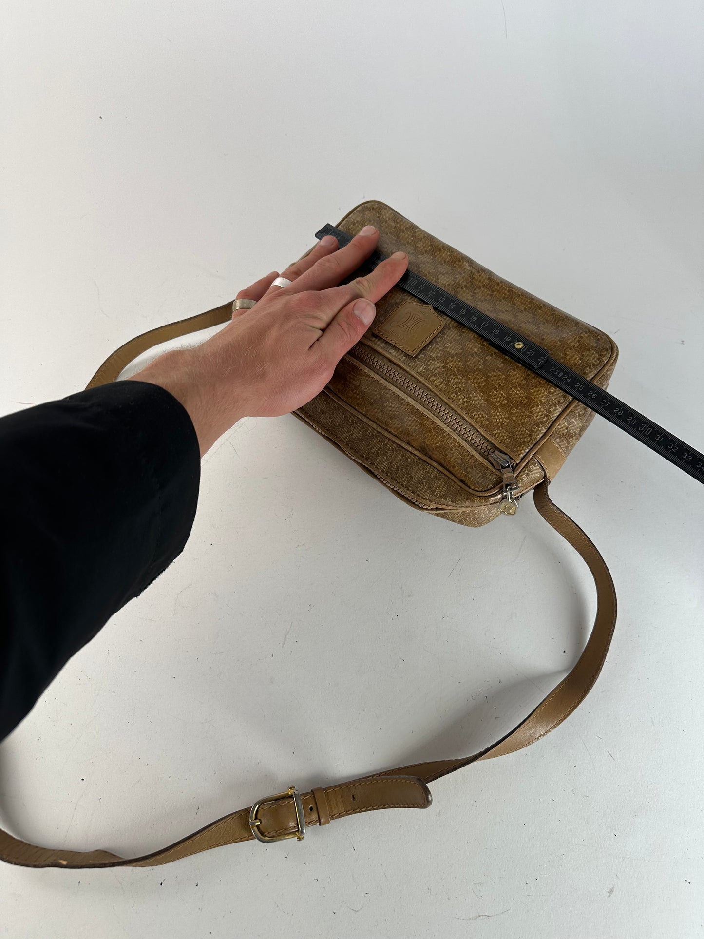Vintage Celine Paris Triomphe Monogram Leathee Shoulder Bag Gold Brown