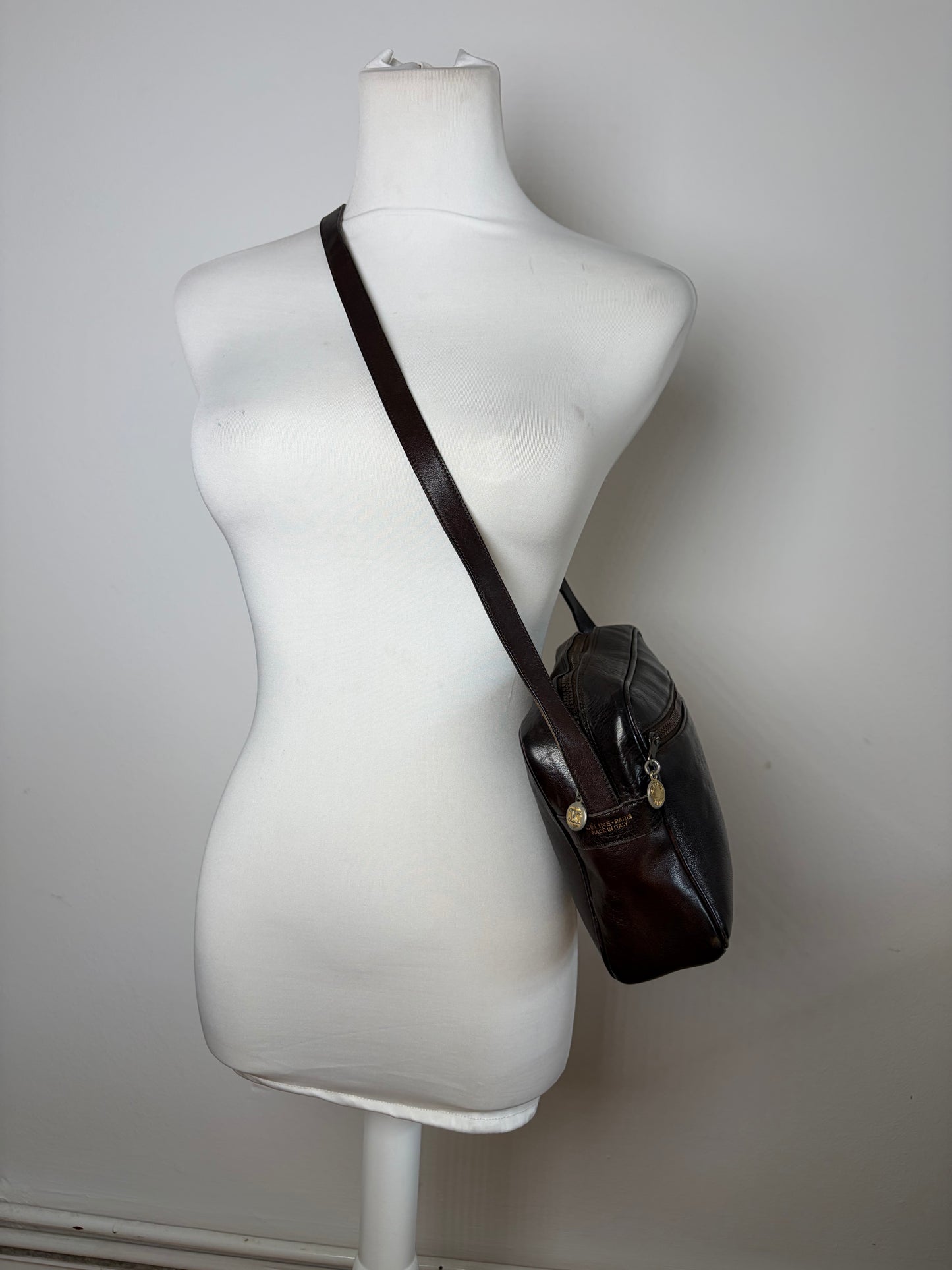 Vintage Celine Leather Crossbody Bag Dark Brown Gold