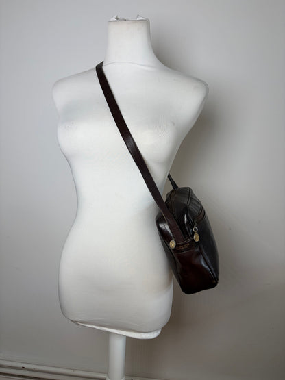 Vintage Celine Leather Crossbody Bag Dark Brown Gold