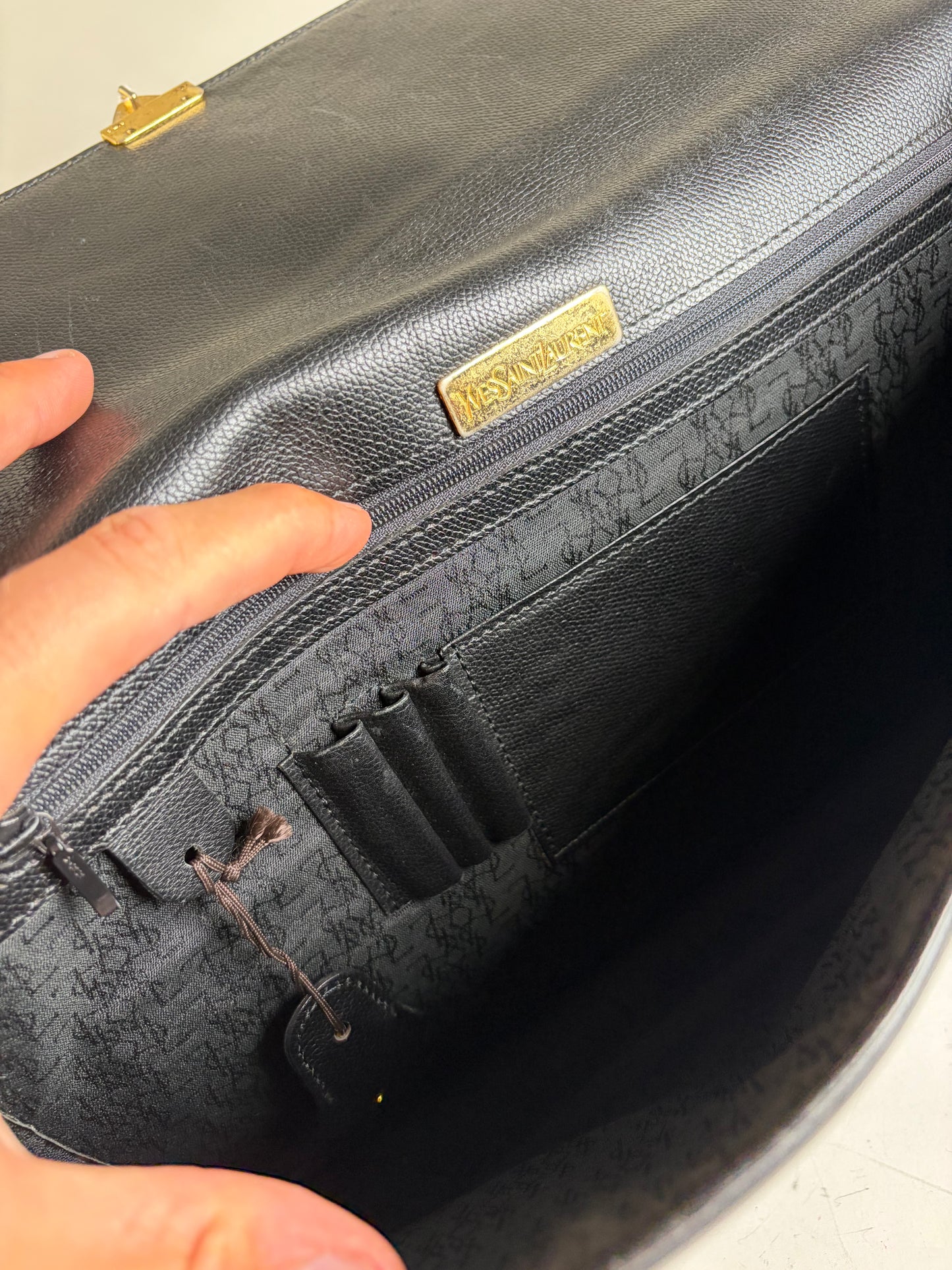 Vintage Yves Saint Laurent Leather Clutch Bag Black Gold