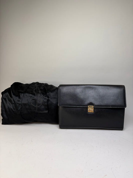 Vintage Yves Saint Laurent Leather Clutch Bag Black Gold