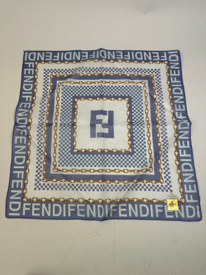 Vintage Fendi FF Logo Silk Scarf Blue White Gold-Tone