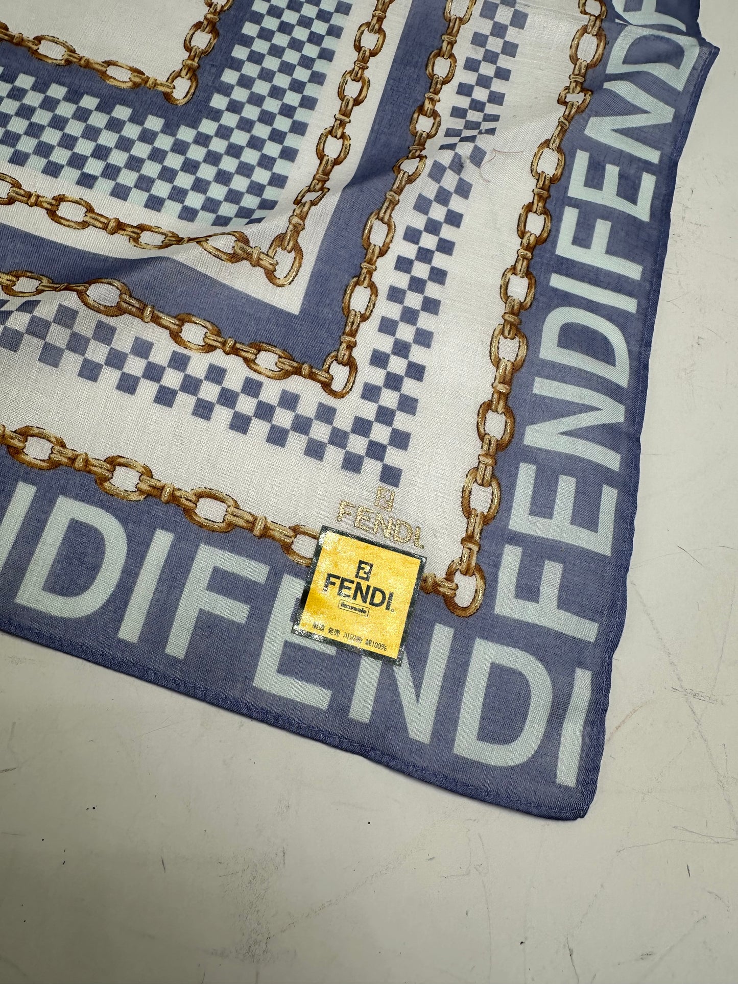 Vintage Fendi FF Logo Silk Scarf Blue White Gold-Tone