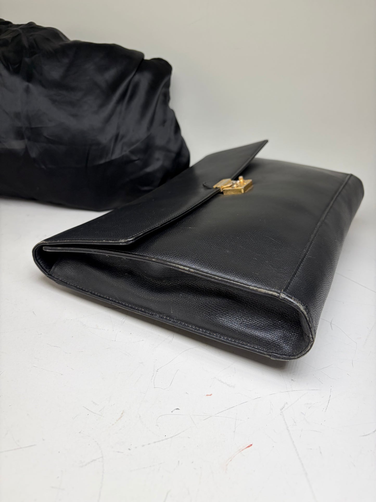 Vintage Yves Saint Laurent Leather Clutch Bag Black Gold