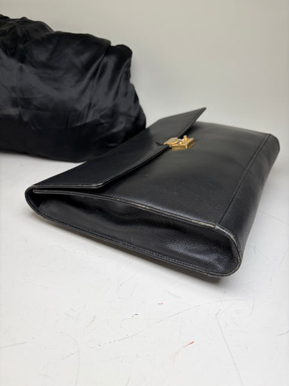 Vintage Yves Saint Laurent Leather Clutch Bag Black Gold