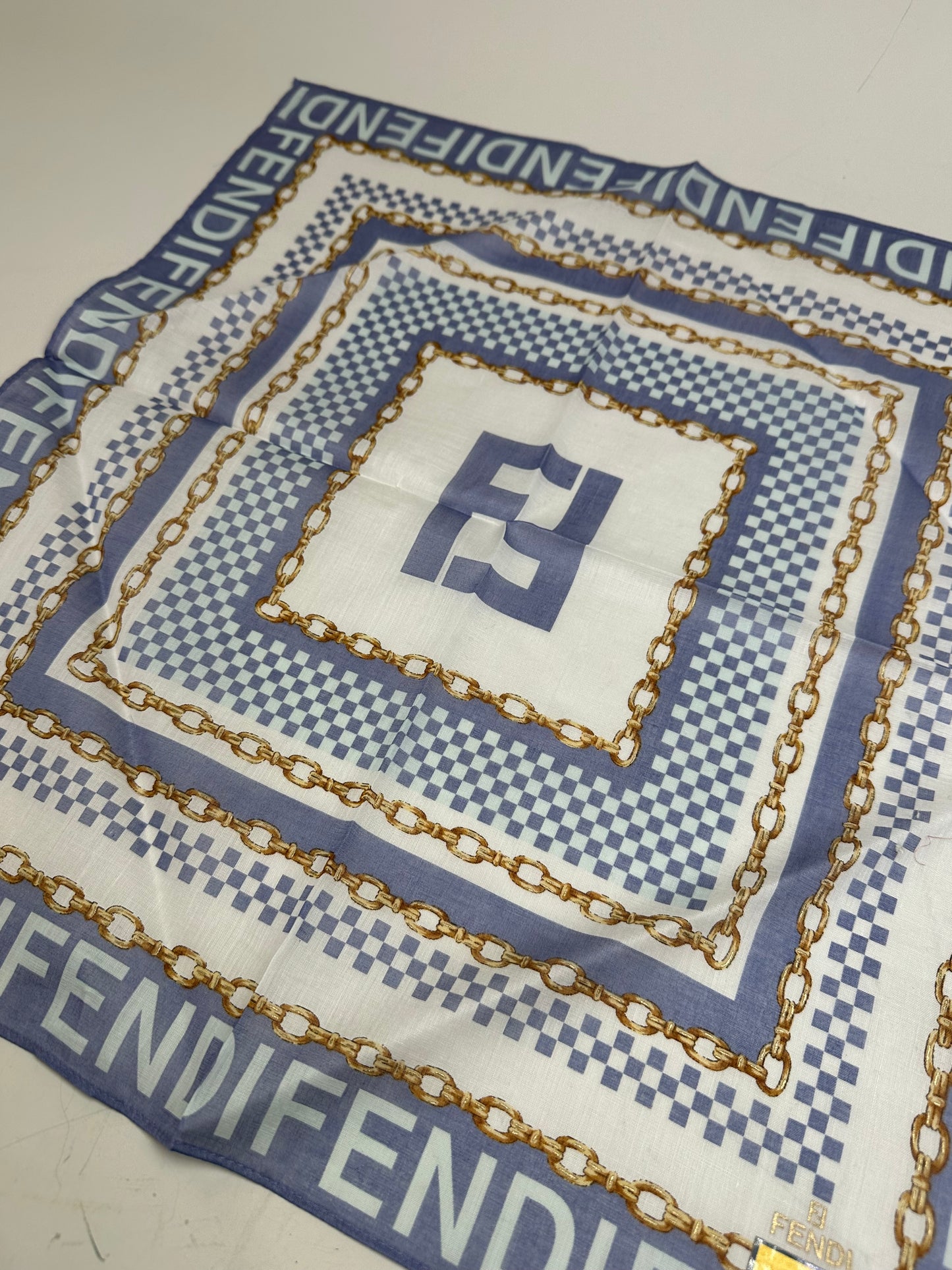 Vintage Fendi FF Logo Silk Scarf Blue White Gold-Tone