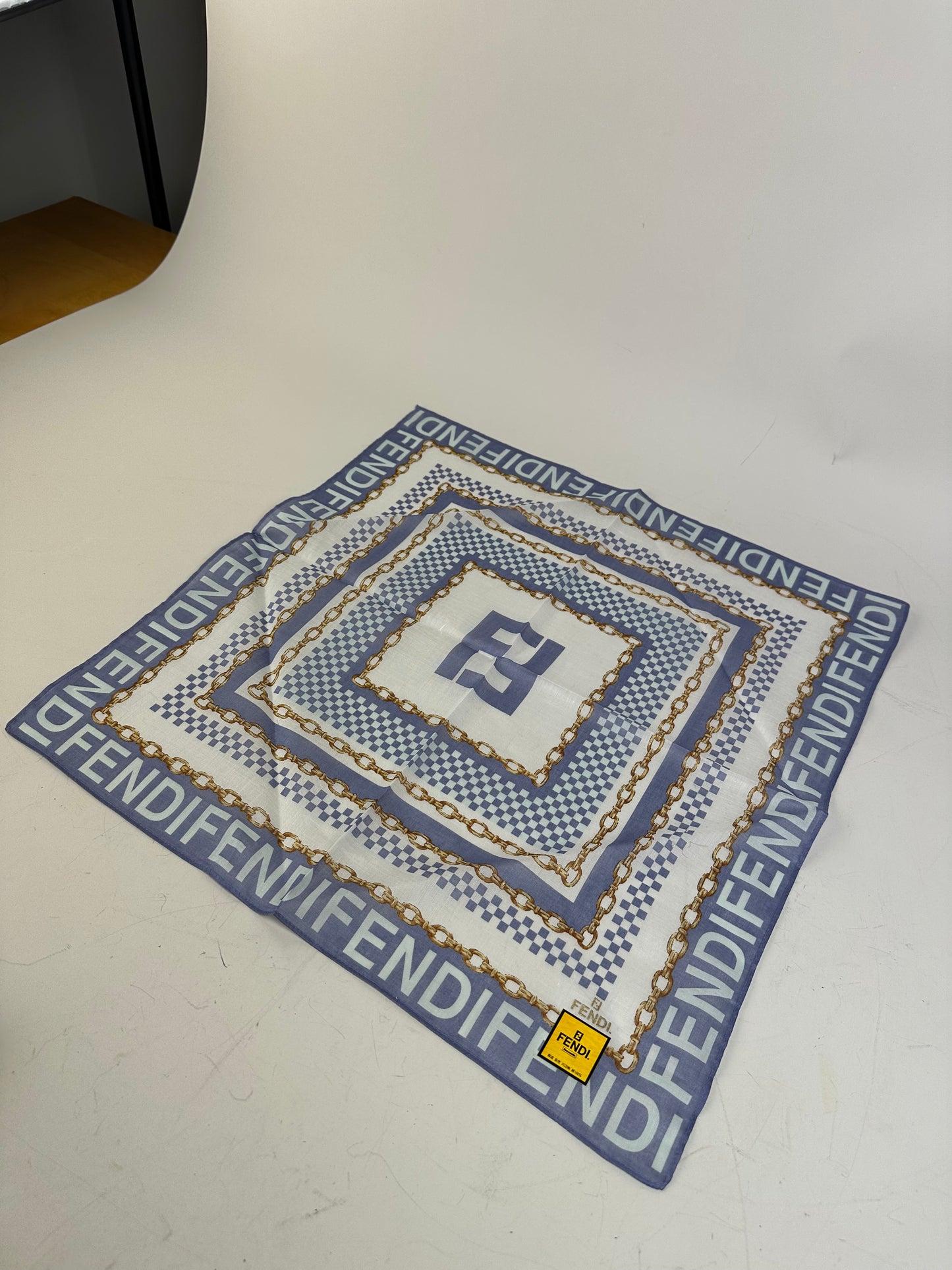 Vintage Fendi FF Logo Silk Scarf Blue White Gold-Tone