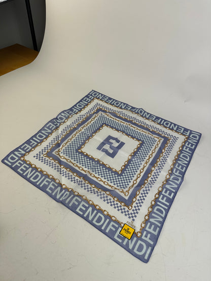Vintage Fendi FF Logo Silk Scarf Blue White Gold-Tone