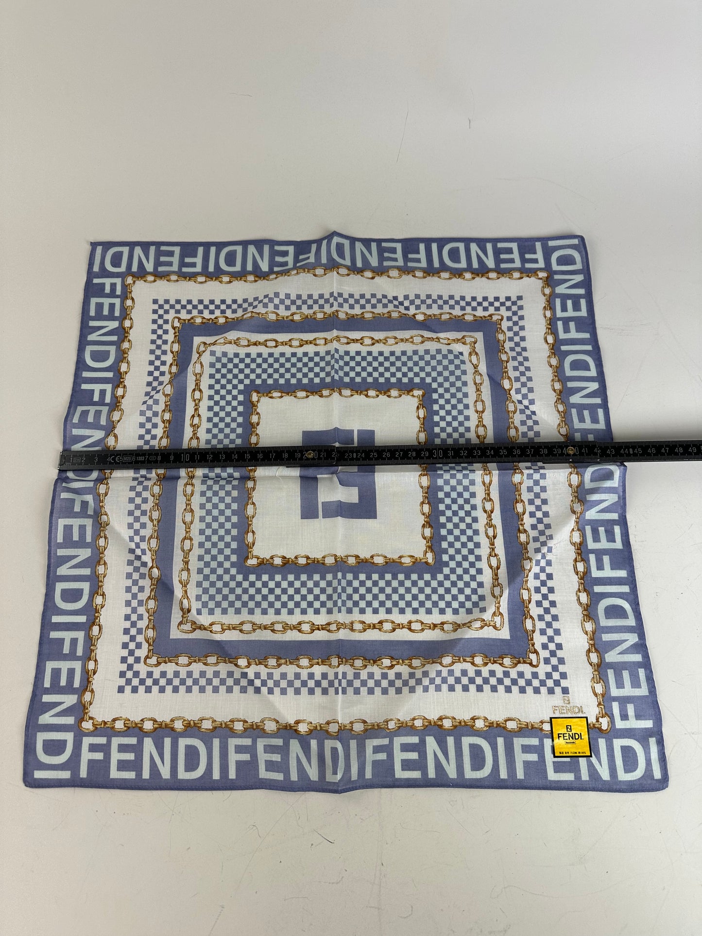 Vintage Fendi FF Logo Silk Scarf Blue White Gold-Tone