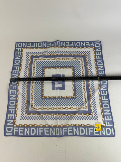 Vintage Fendi FF Logo Silk Scarf Blue White Gold-Tone