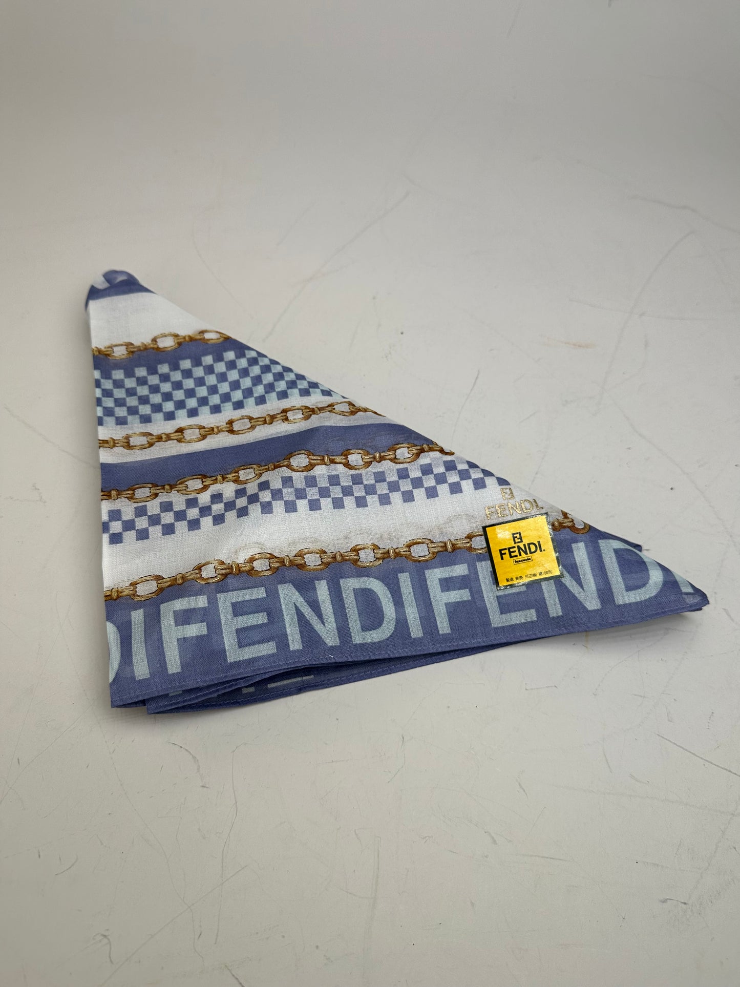 Vintage Fendi FF Logo Silk Scarf Blue White Gold-Tone