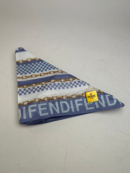 Vintage Fendi FF Logo Silk Scarf Blue White Gold-Tone