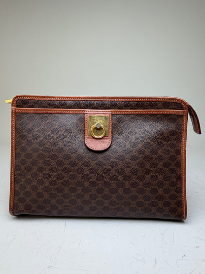 Vintage Celine Macadam Canvas Clutch Bag Dark Brown Tan