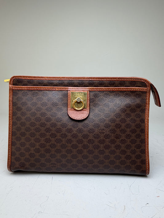 Vintage Celine Macadam Canvas Clutch Bag Dark Brown Tan