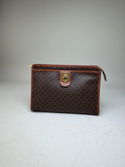 Vintage Celine Macadam Canvas Clutch Bag Dark Brown Tan