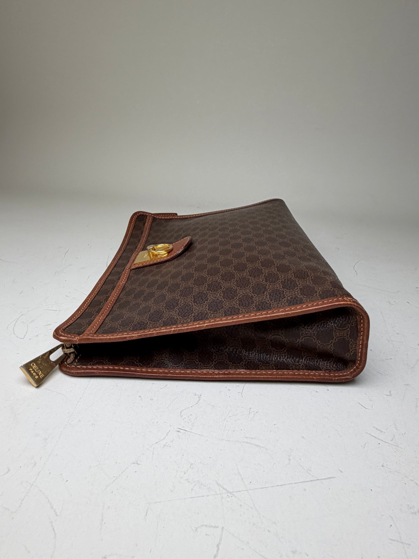 Vintage Celine Macadam Canvas Clutch Bag Dark Brown Tan