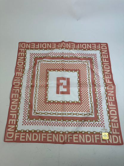 Vintage Fendi FF Logo Silk Scarf Coral White Gold-Tone c. 2000