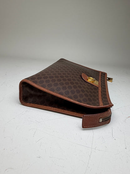 Vintage Celine Macadam Canvas Clutch Bag Dark Brown Tan