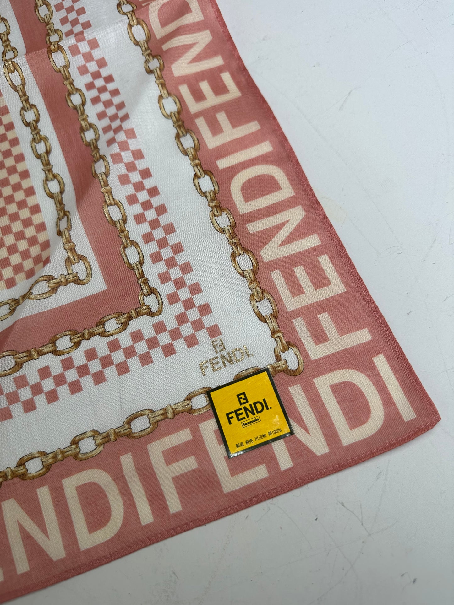 Vintage Fendi FF Logo Silk Scarf Coral White Gold-Tone c. 2000