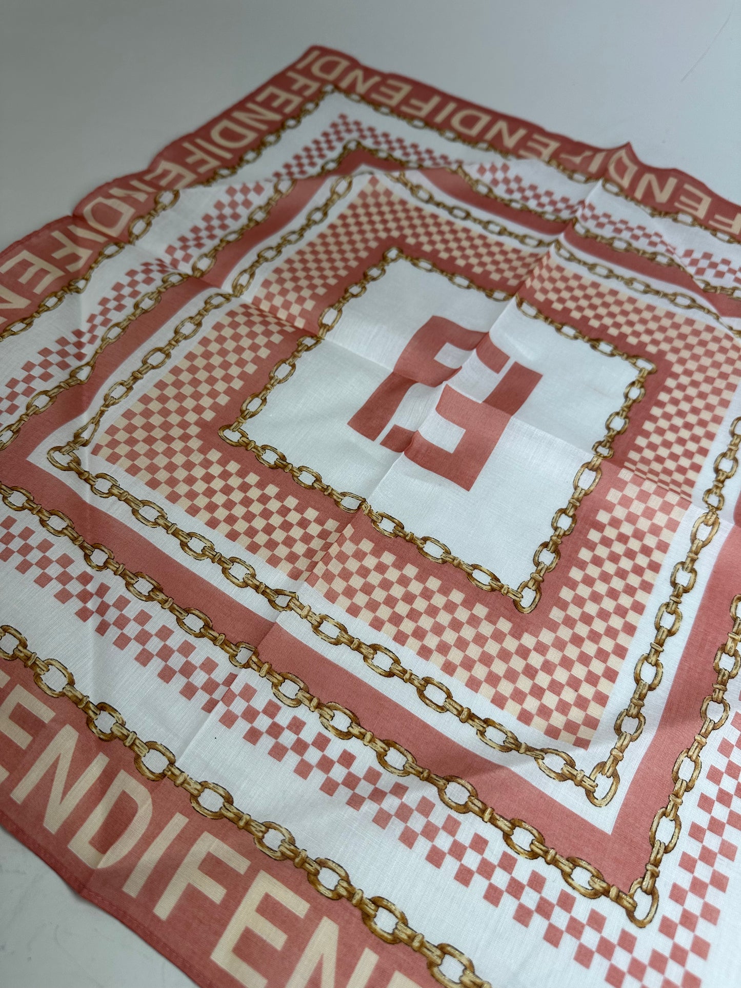 Vintage Fendi FF Logo Silk Scarf Coral White Gold-Tone c. 2000