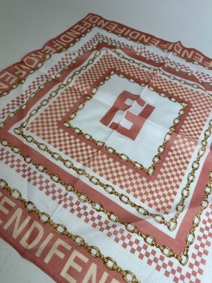 Vintage Fendi FF Logo Silk Scarf Coral White Gold-Tone c. 2000