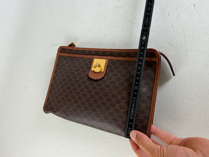 Vintage Celine Macadam Canvas Clutch Bag Dark Brown Tan
